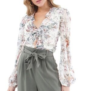Bardot Floral Ruffle Blouse - Cream and Gray